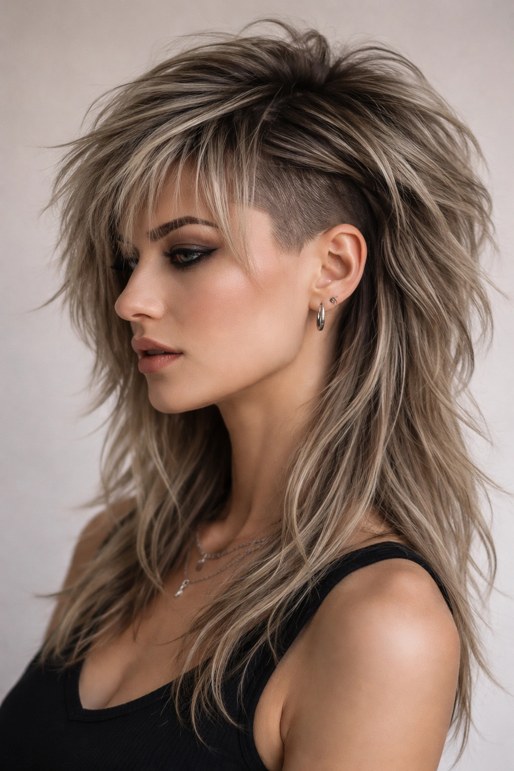 10 Shaved Side Hairstyles Women Are Rocking Now 8 Portrait of a person with a wolf cut and shaved sides showing layered, textured hair