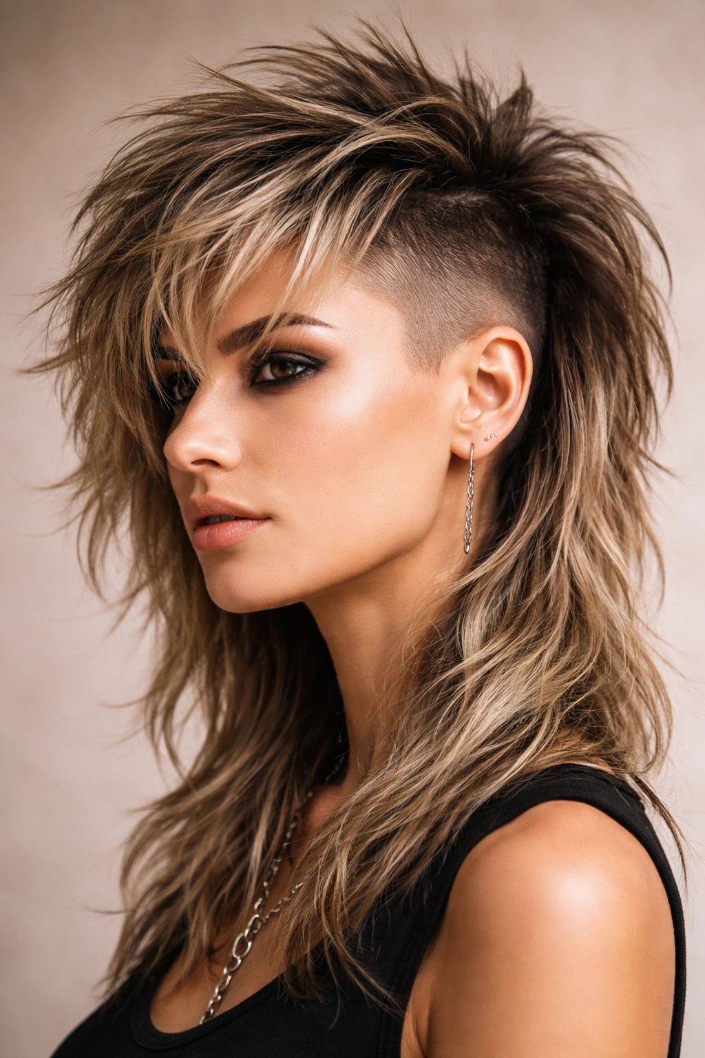 10 One Side Shaved Hairstyles For Bold Women 6 Wolf cut hairstyle with shaved sides showcasing layered crown and edgy silhouette