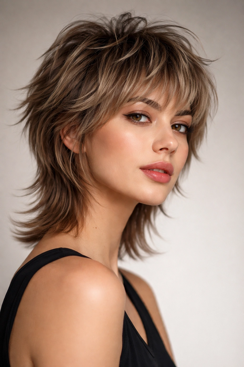 15 Short Layered Haircuts With Beautiful Movement 7 Close-up of hair showing a Wolf Cut (Short Version) with lifted crown and longer underneath for movement