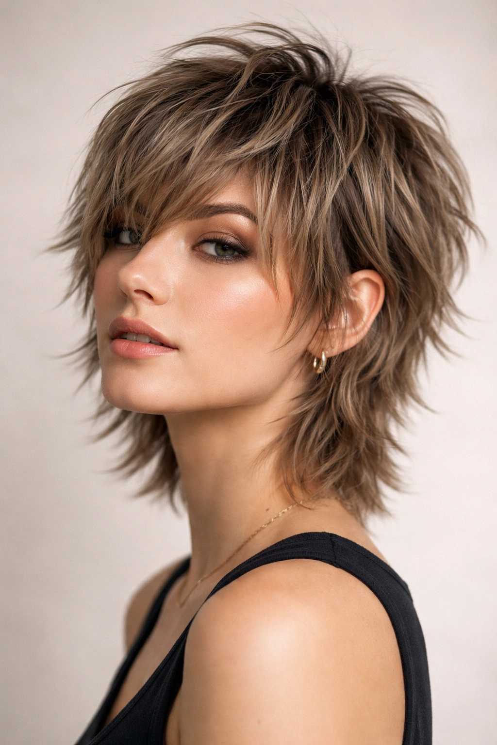 Short wolf cut with textured layers and voluminous top.