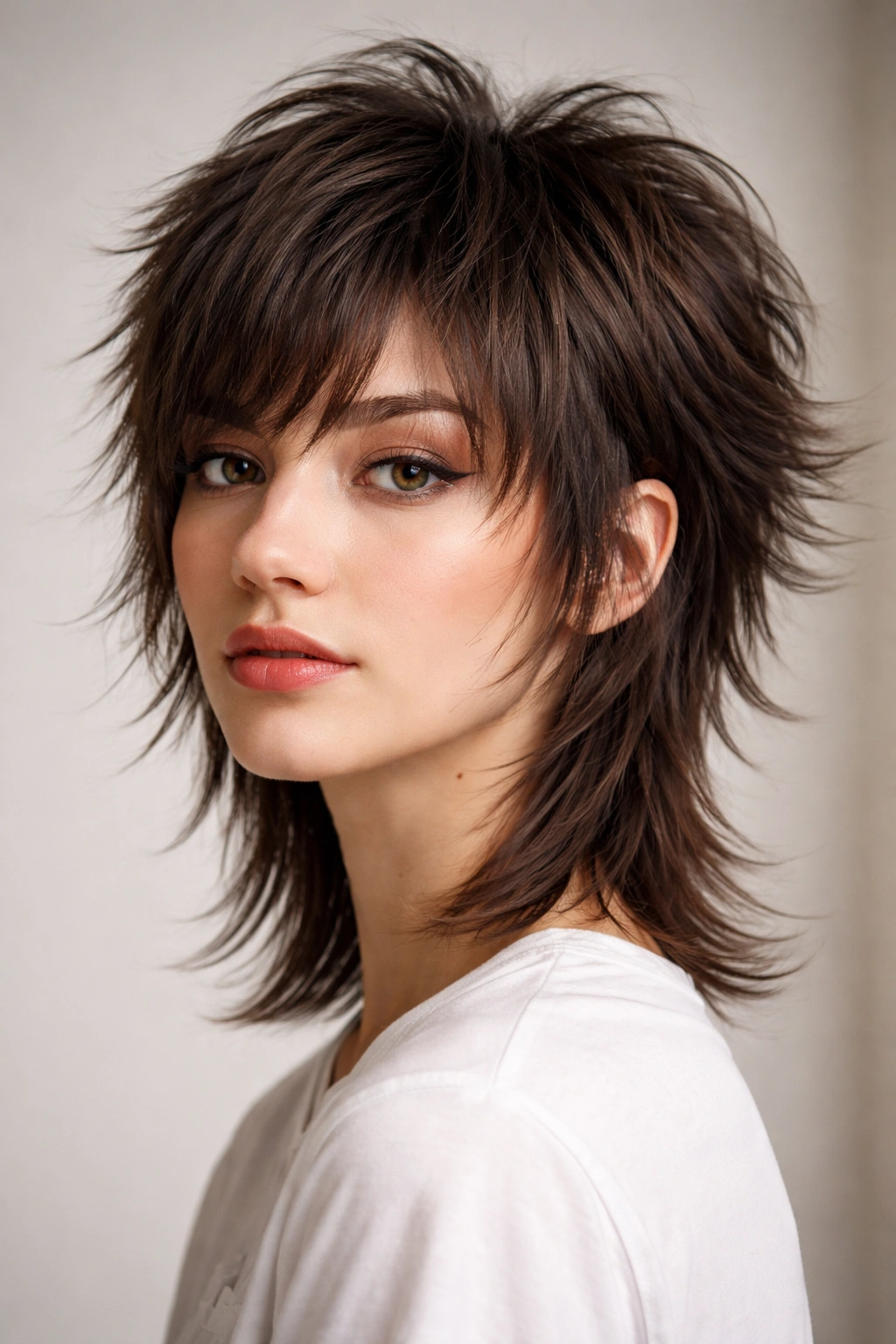 Close-up portrait of a person with a short wolf cut showing textured layers