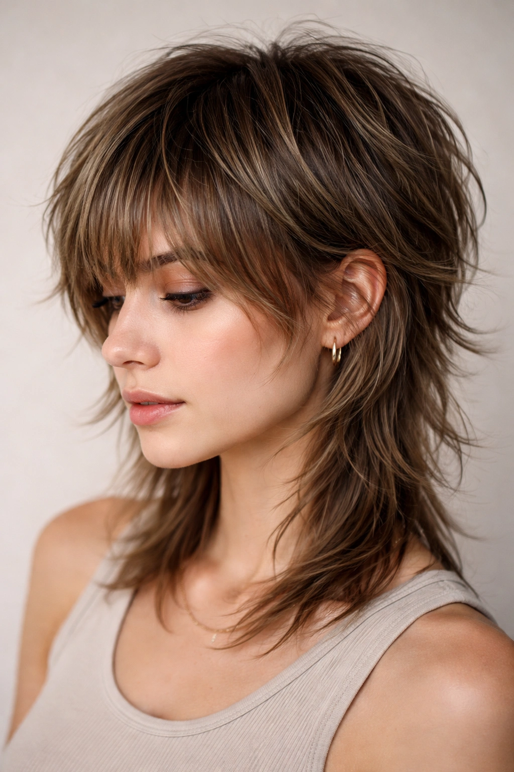 Top-angled view of shorter wolf cut with layered top and longer underneath