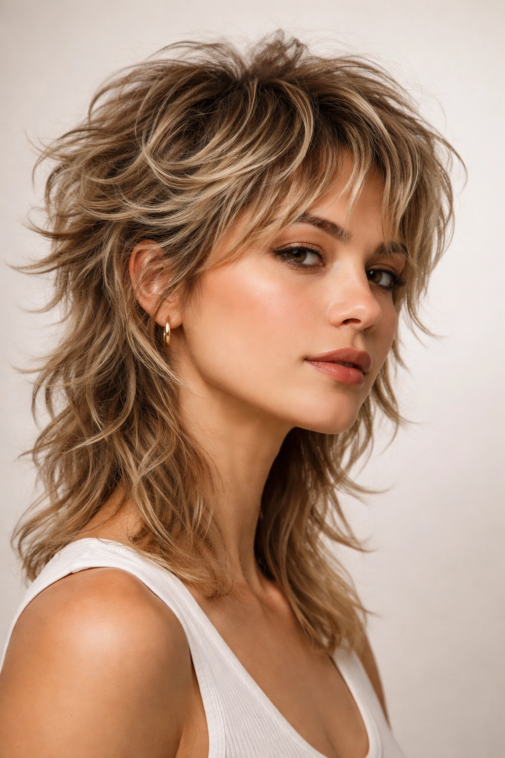 Three-quarter view of a wolf cut with short top and long sides showing texture