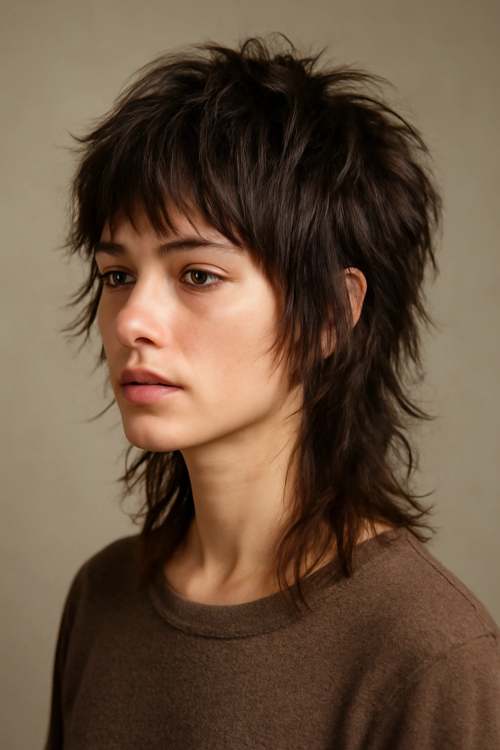 Close-up of a model's textured shag wolf cut with choppy layers and a feathered back