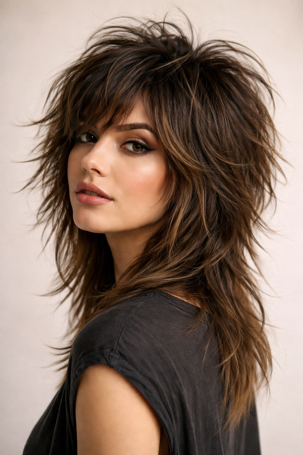 10 Funky Short Haircuts For Women Who Love Edge 5 Portrait of a model with a shaggy wolf cut featuring feathered, layered crown and shorter underlayers.