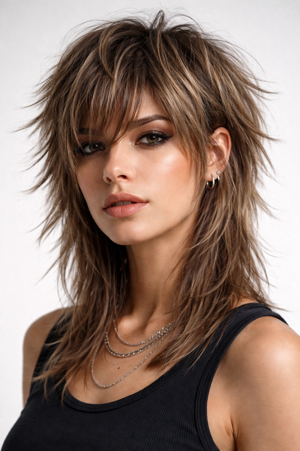 Textured wolf cut with choppy top layers and longer underneath, edgy look.