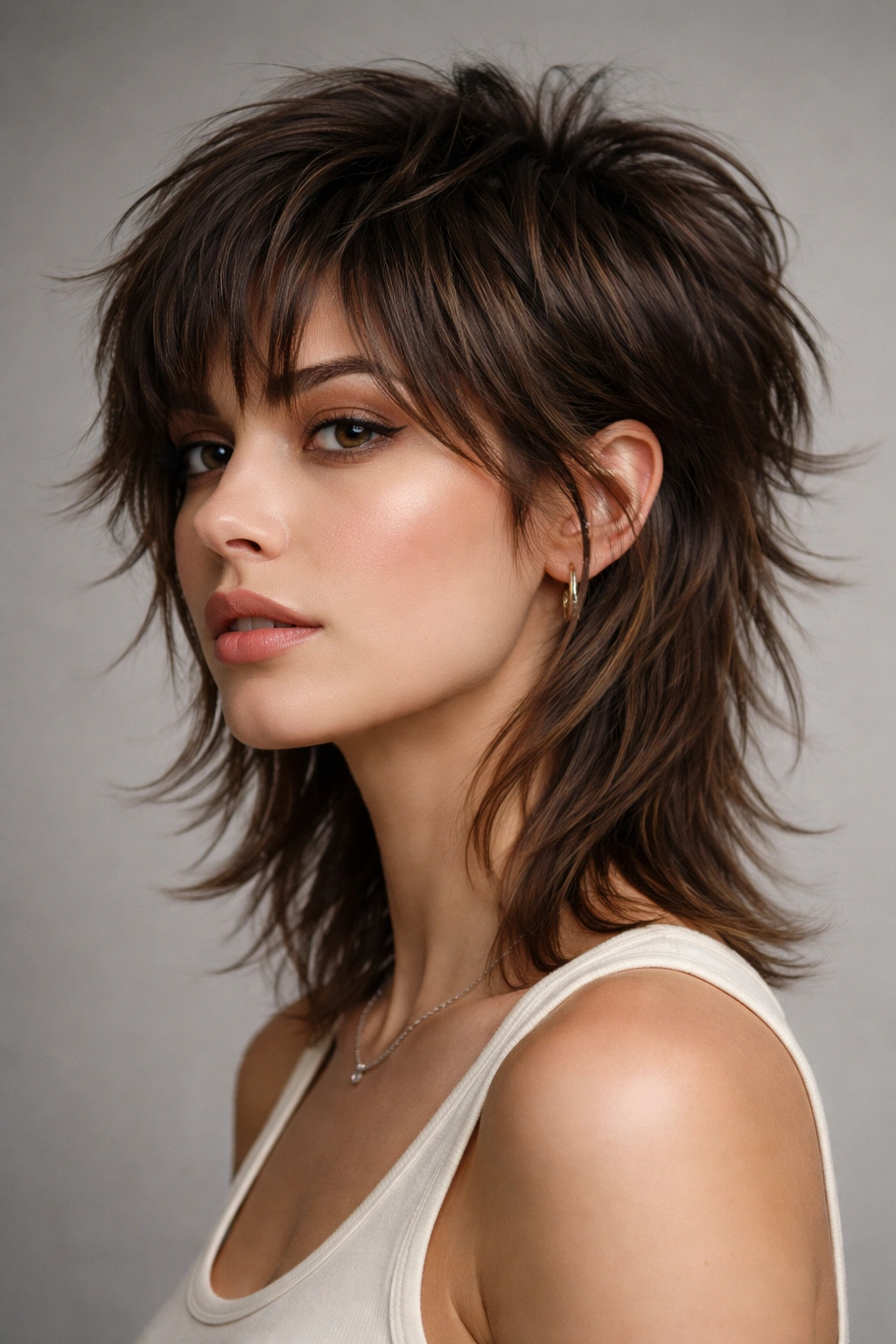 Close up of a textured modern wolf cut with choppy layers and face framing pieces