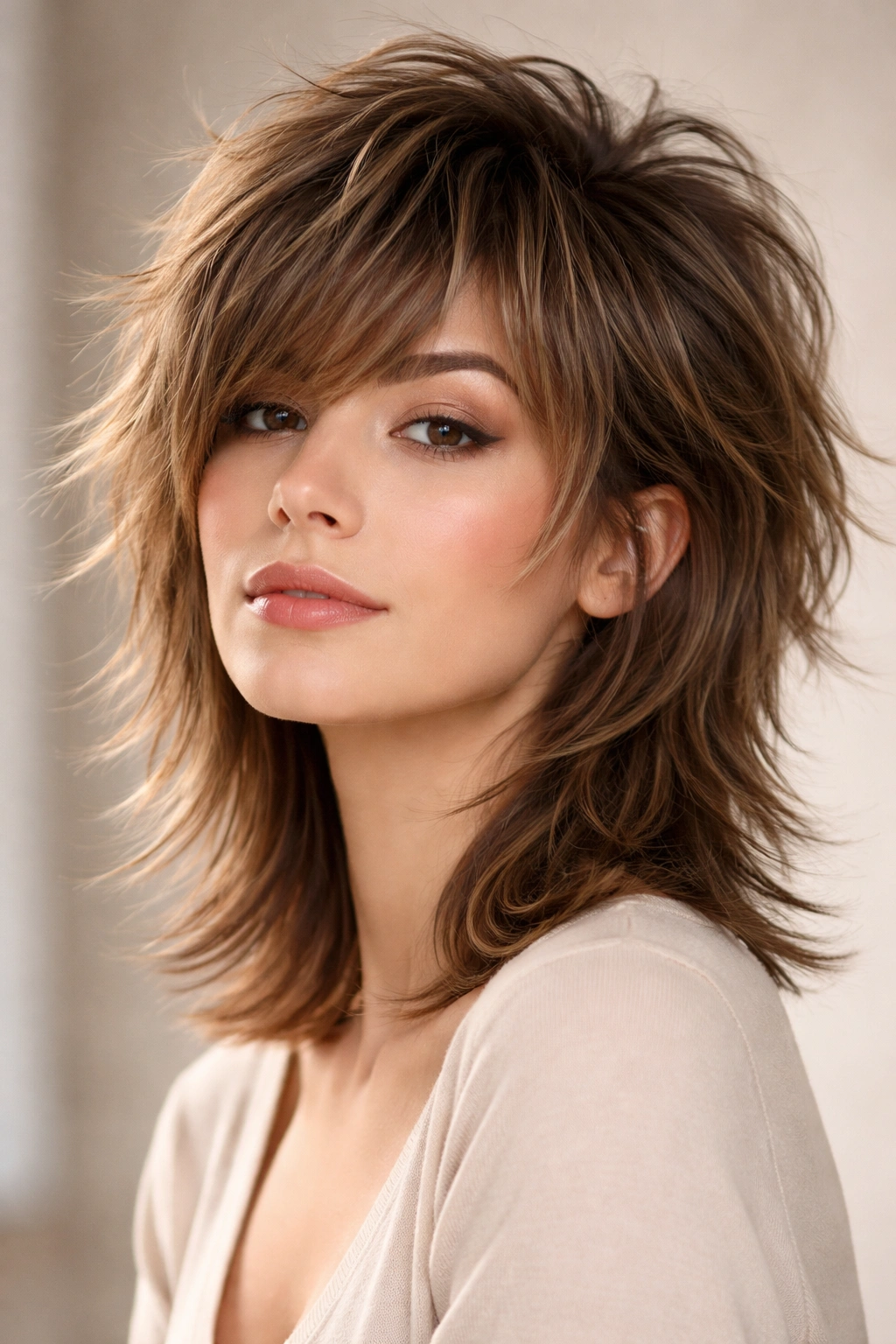 Head-and-shoulders portrait of a wolf cut with voluminous top layers and longer underneath