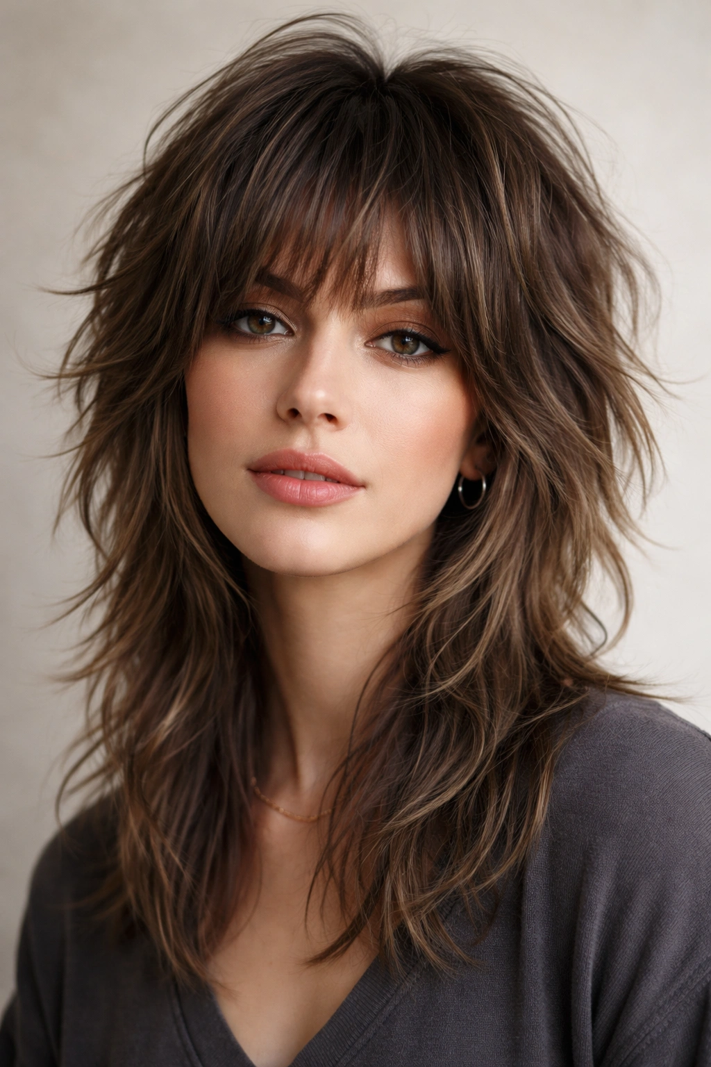 Close-up of The Textured Wolf Cut on a model showing face-framing front pieces and tousled back layers.