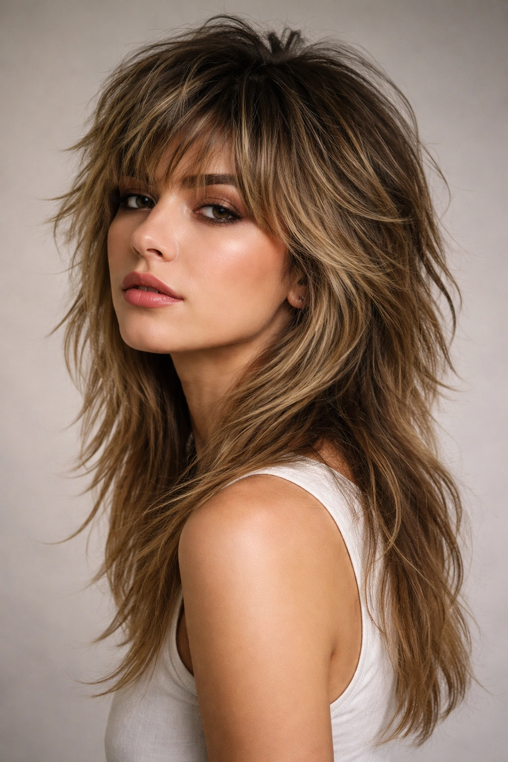 Model with a wolf cut showing textured top layers and longer underneath