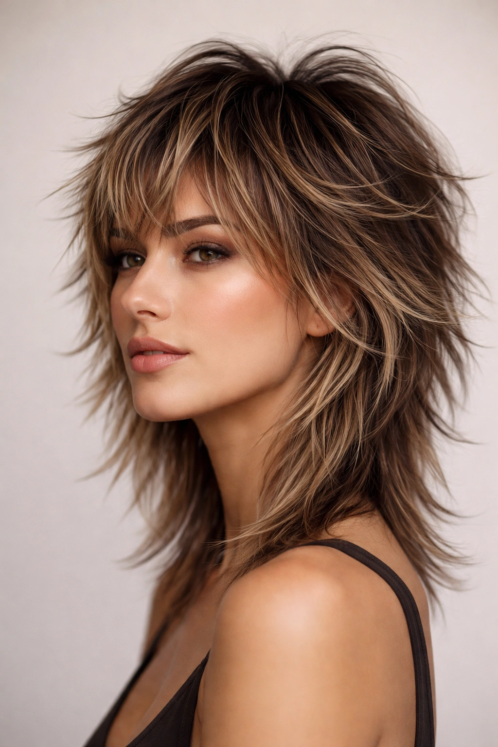 Close-up of The Wolf Cut hairstyle with choppy textured layers