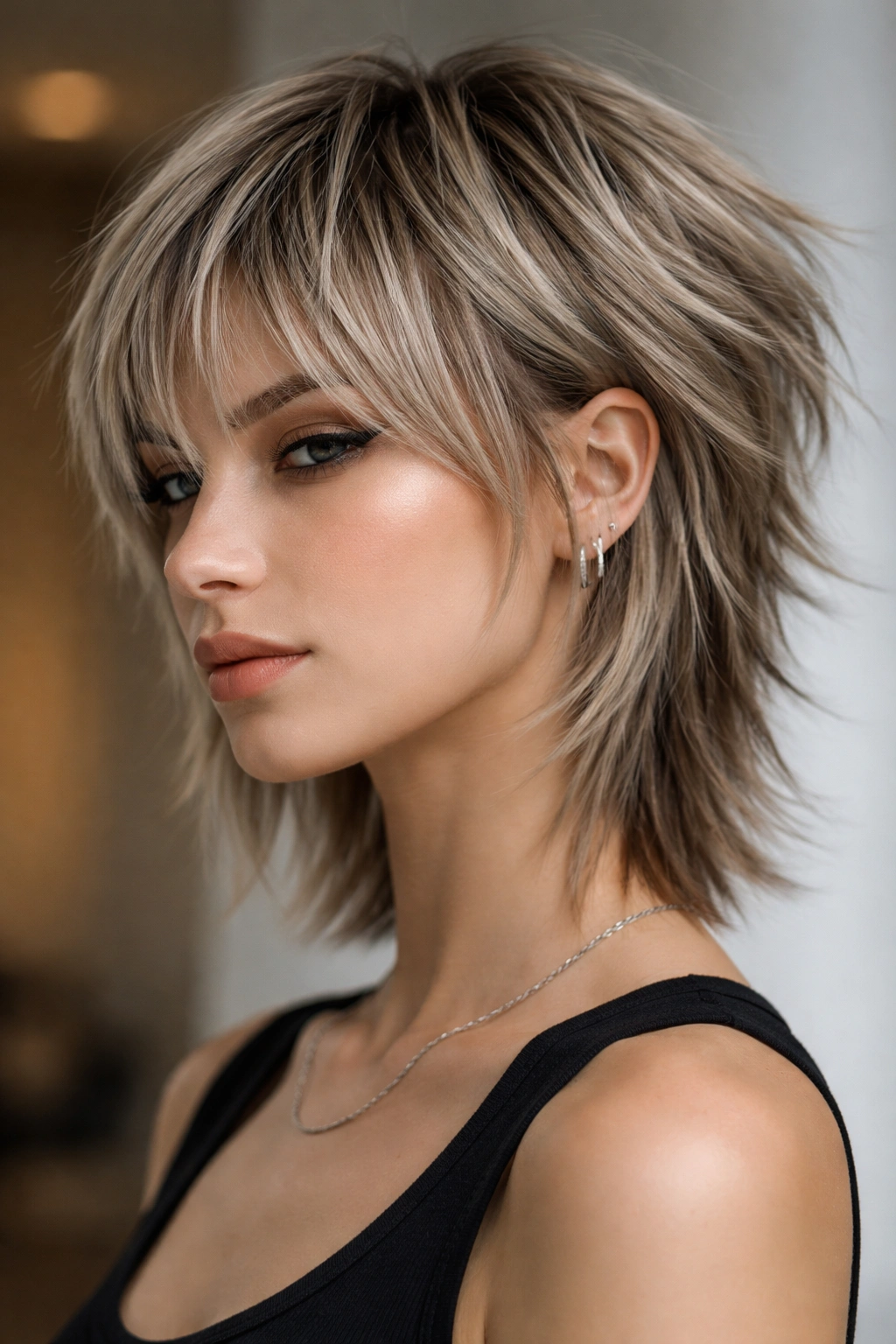 10 Layered Straight Short Cuts That Look So Clean 7 Close-up of a person with a sharp textured wolf cut on straight hair, clearly defined layers