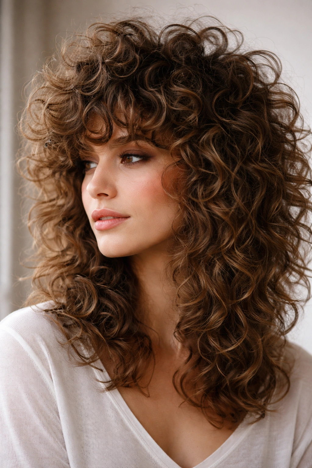 Thick curls in a textured wolf cut with pronounced crown layers