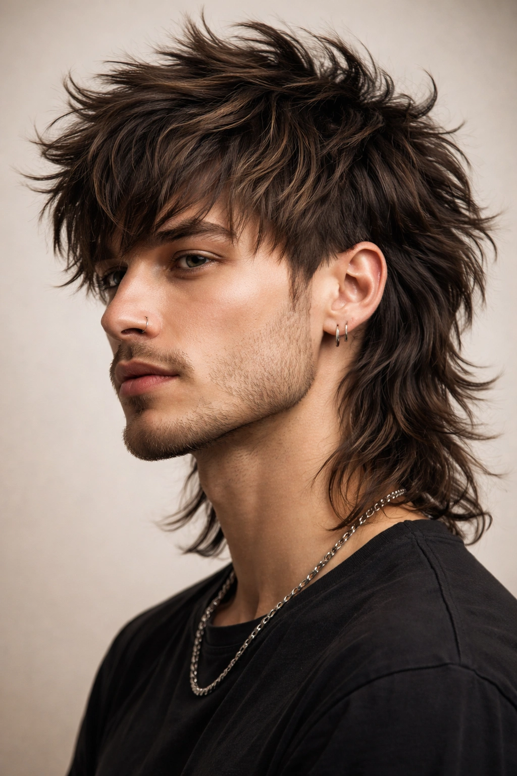 Head-and-shoulders portrait of a model with a textured wolf cut, front short and back long