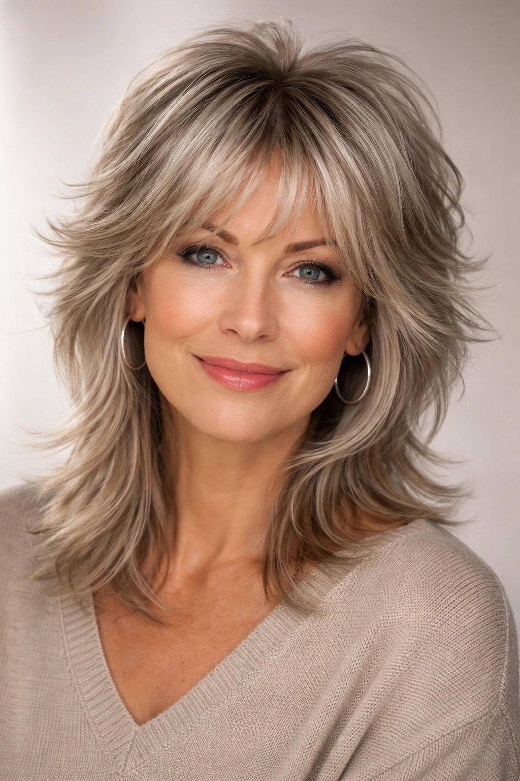 Close-up of a woman with layered wolf cut showing texture and edge.