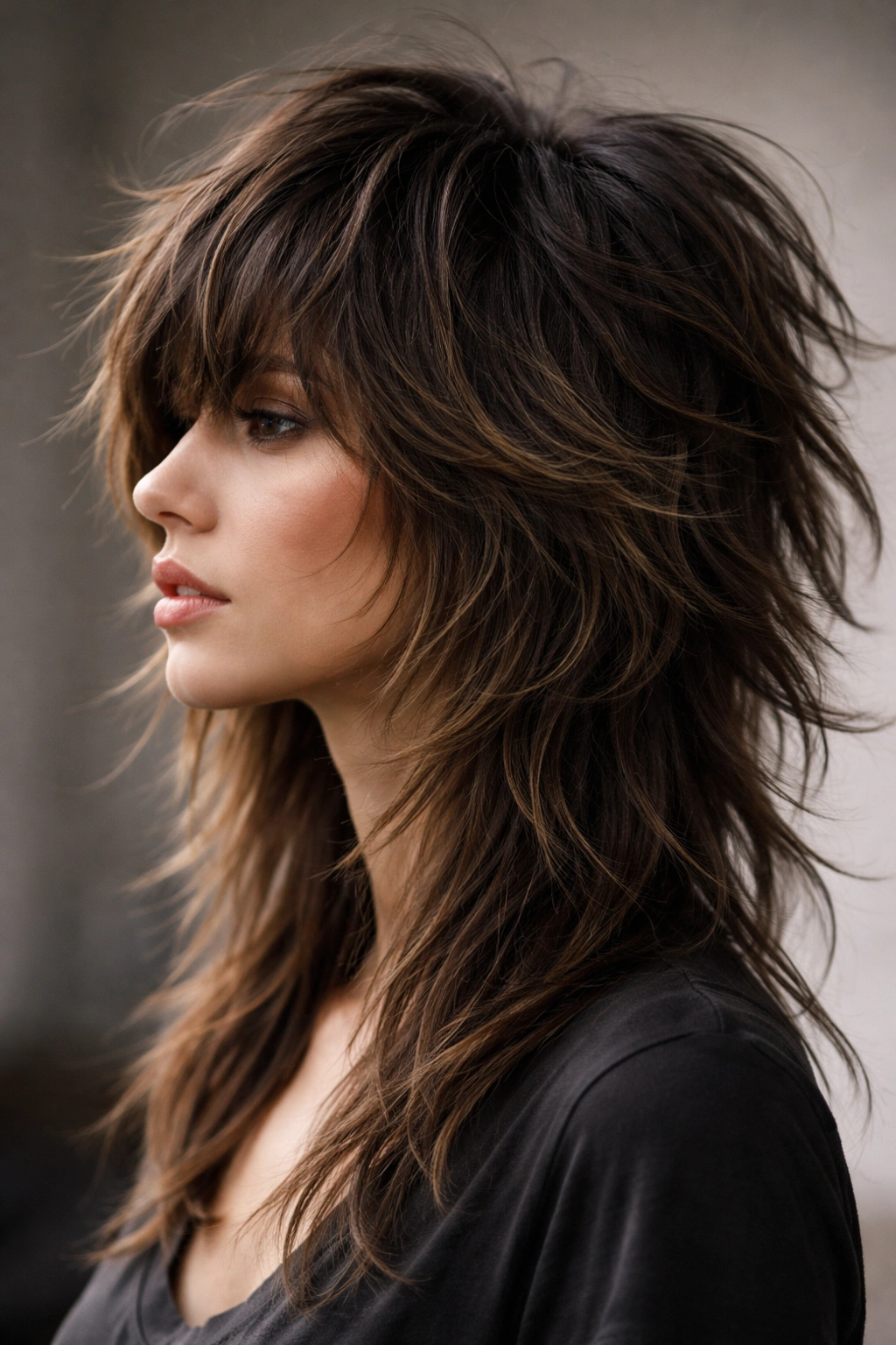Close-up profile of Shaggy Wolf Cut with voluminous crown and textured layers