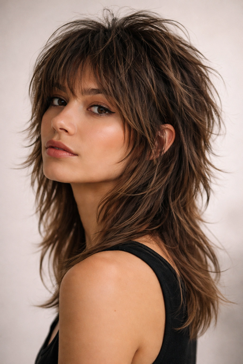 12 Short Haircuts With Long Layers That Flow Nicely 8 Portrait highlighting a textured wolf cut with short crown and longer back layers.
