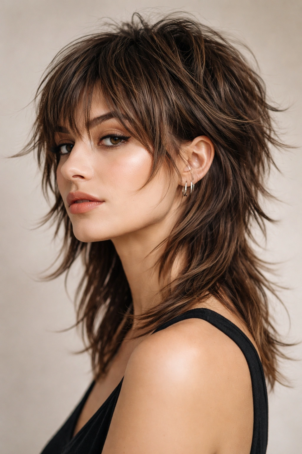 12 Short Choppy Haircuts With Natural Movement 7 Portrait of a model with a modern wolf cut showing short spiky top and longer textured back