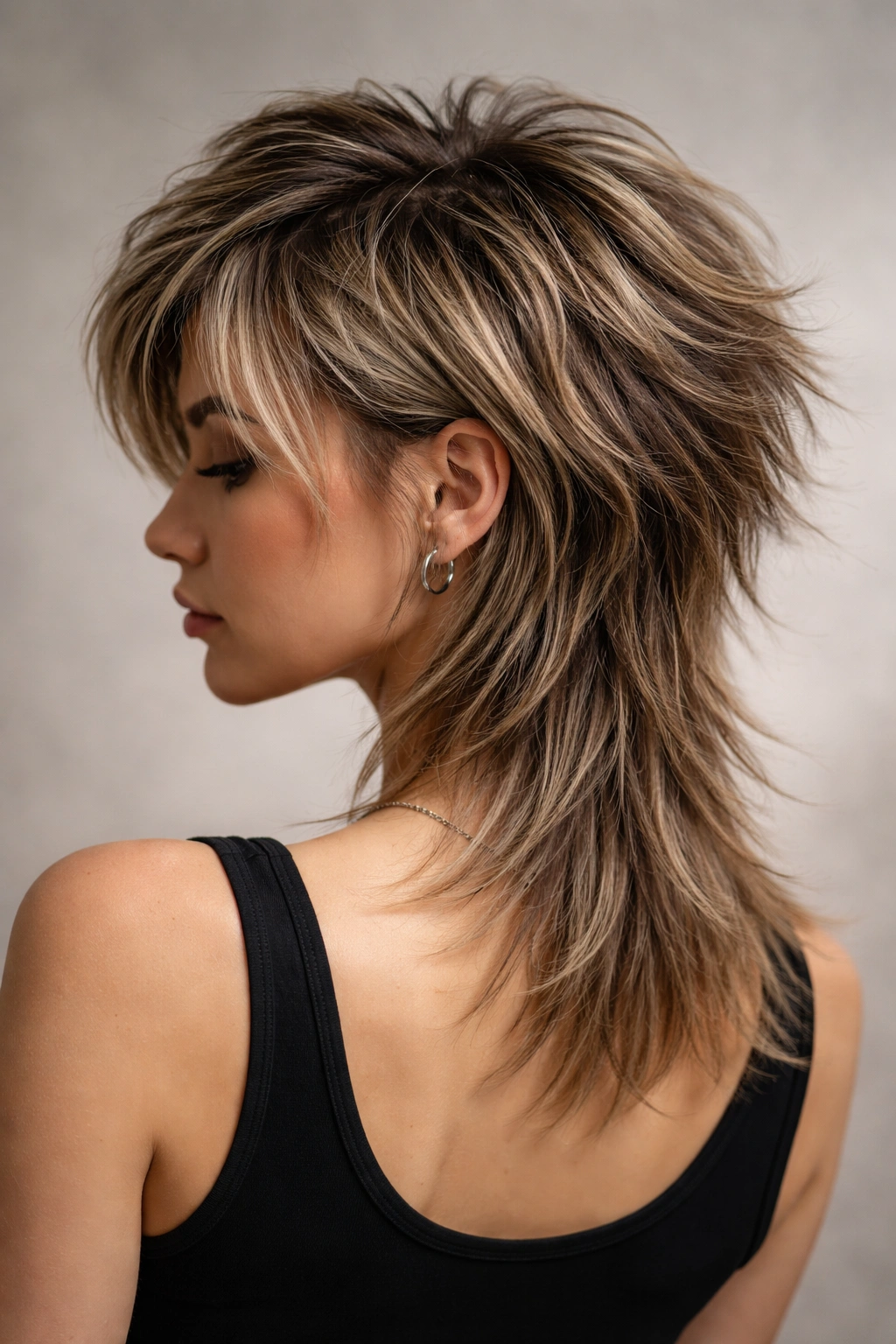 Close-up of a wolf-cut hairstyle showing dramatic top texture and longer back for volume