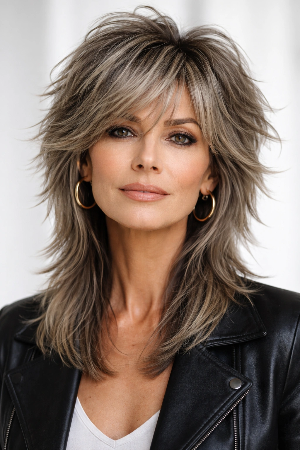 Portrait of a woman with a dramatic wolf cut and textured layers