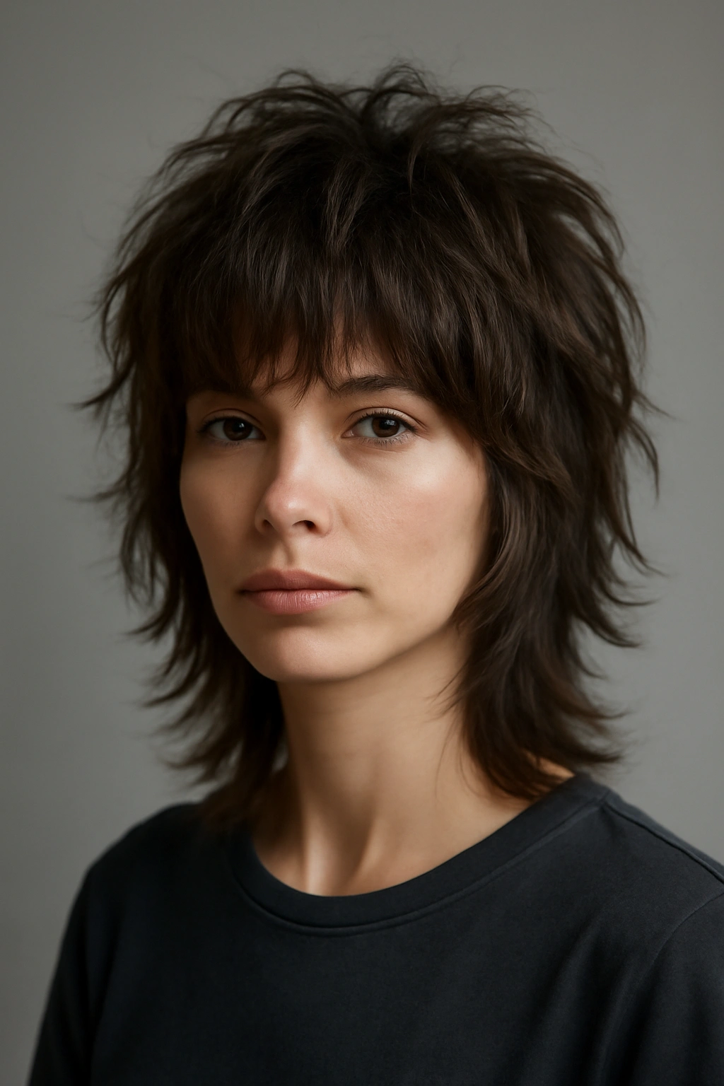 12 Wolf Cuts That Make Short Hair Look So Cool 1 Close-up of a model with chin-length shaggy textured wolf cut showing layered texture and volume.