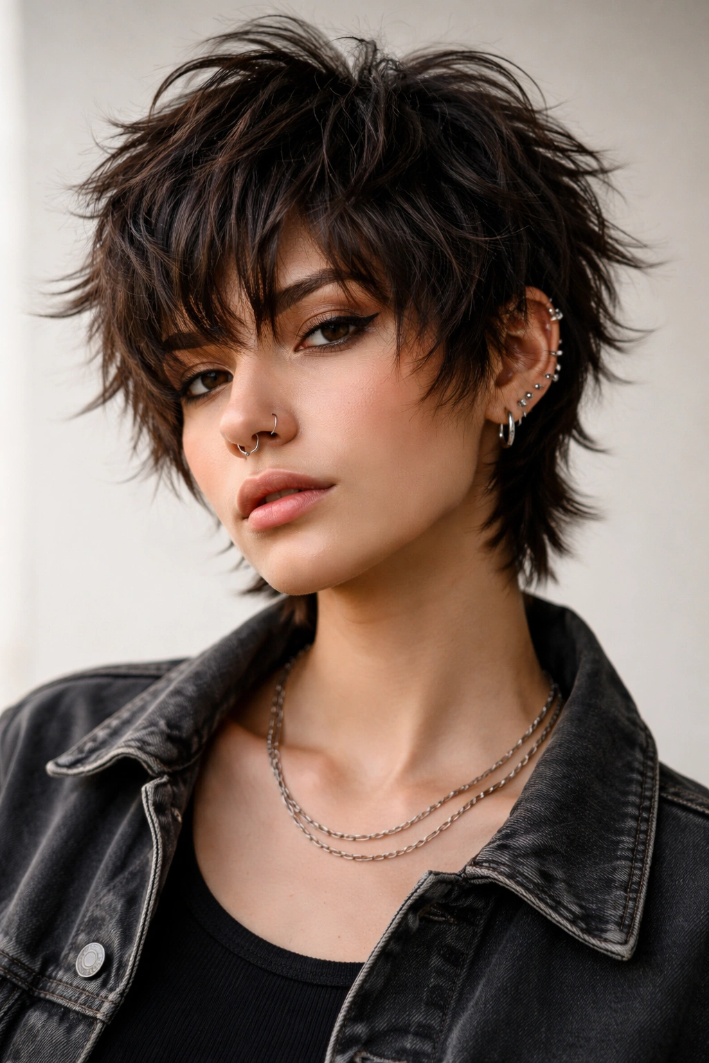 Portrait of a person with a textured wolf cut (2-3 inches) showing choppy layers