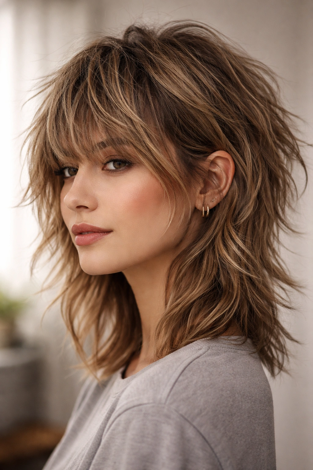 15 Choppy Short Haircuts Loaded With Texture 14 Three-quarter view of a textured wolf cut with short crown and longer layers