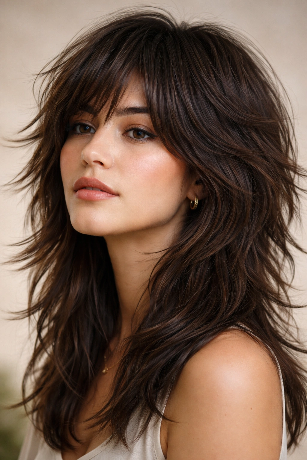 The Wolf Cut hairstyle with thick hair, textured layers in a studio portrait