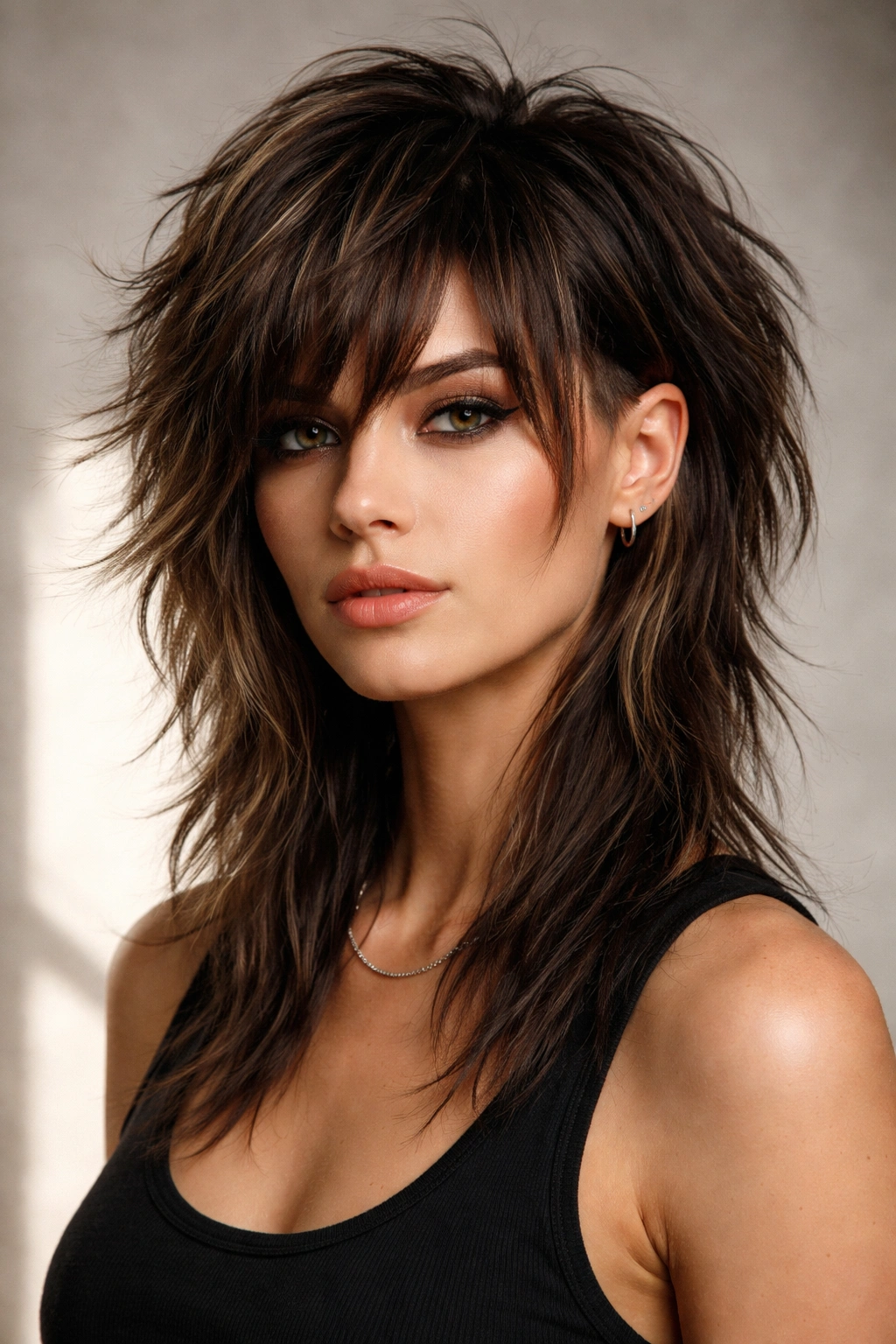 Portrait of wolf cut with longer top and undercut in studio