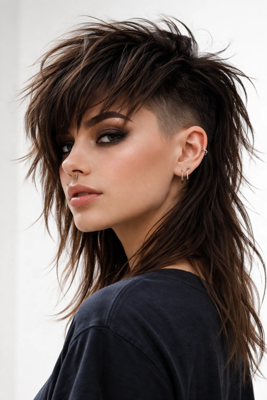 Wolf cut with undercut hairstyle showing top texture and shaved sides