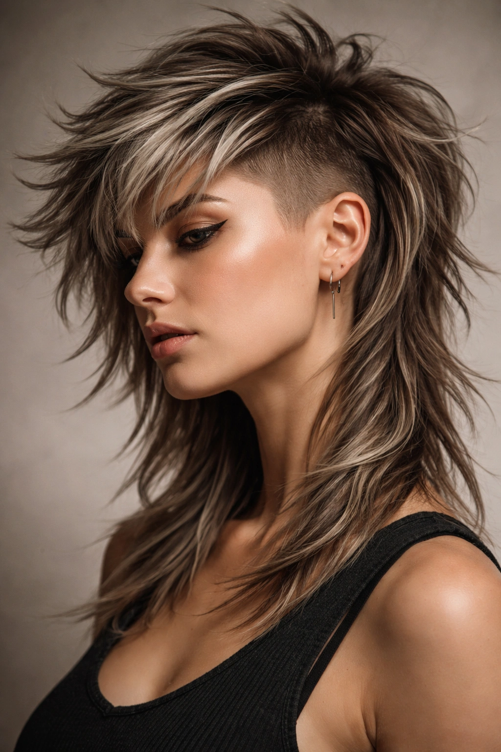 Close-up portrait of a model with a wolf cut and shaved sides highlighting textured layers