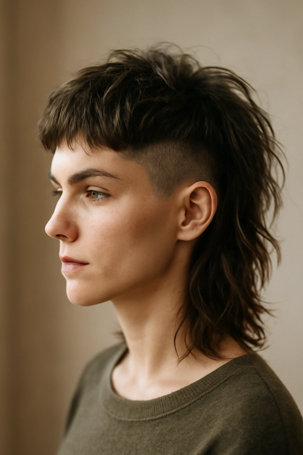 10 Edgy Short Hairstyles That Take Undercuts to Another Level 8 Portrait of a person with a wolf cut undercut and flowing back hair showing movement