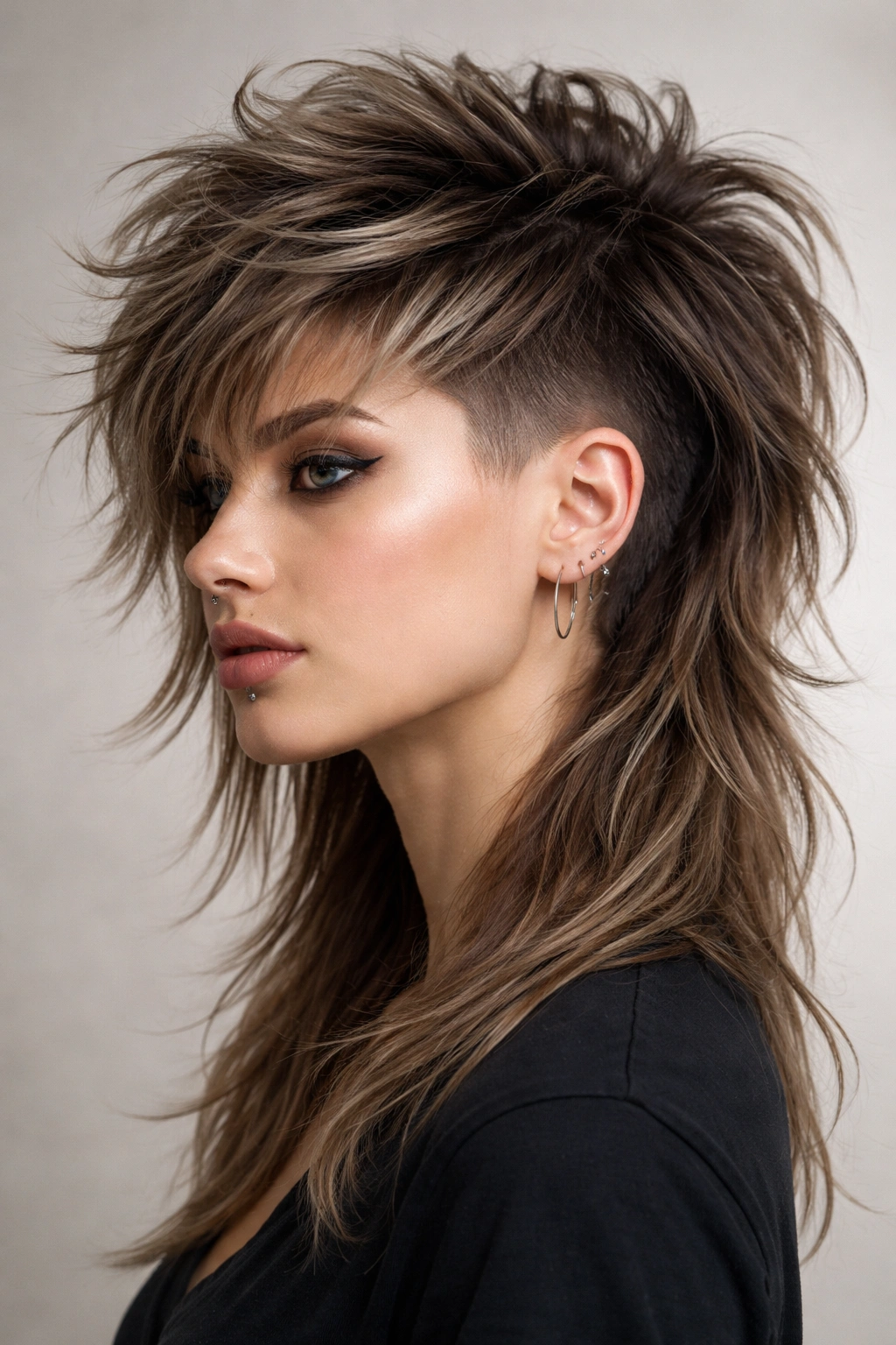 Three-quarter view of a long-on-top undercut wolf cut with textured top