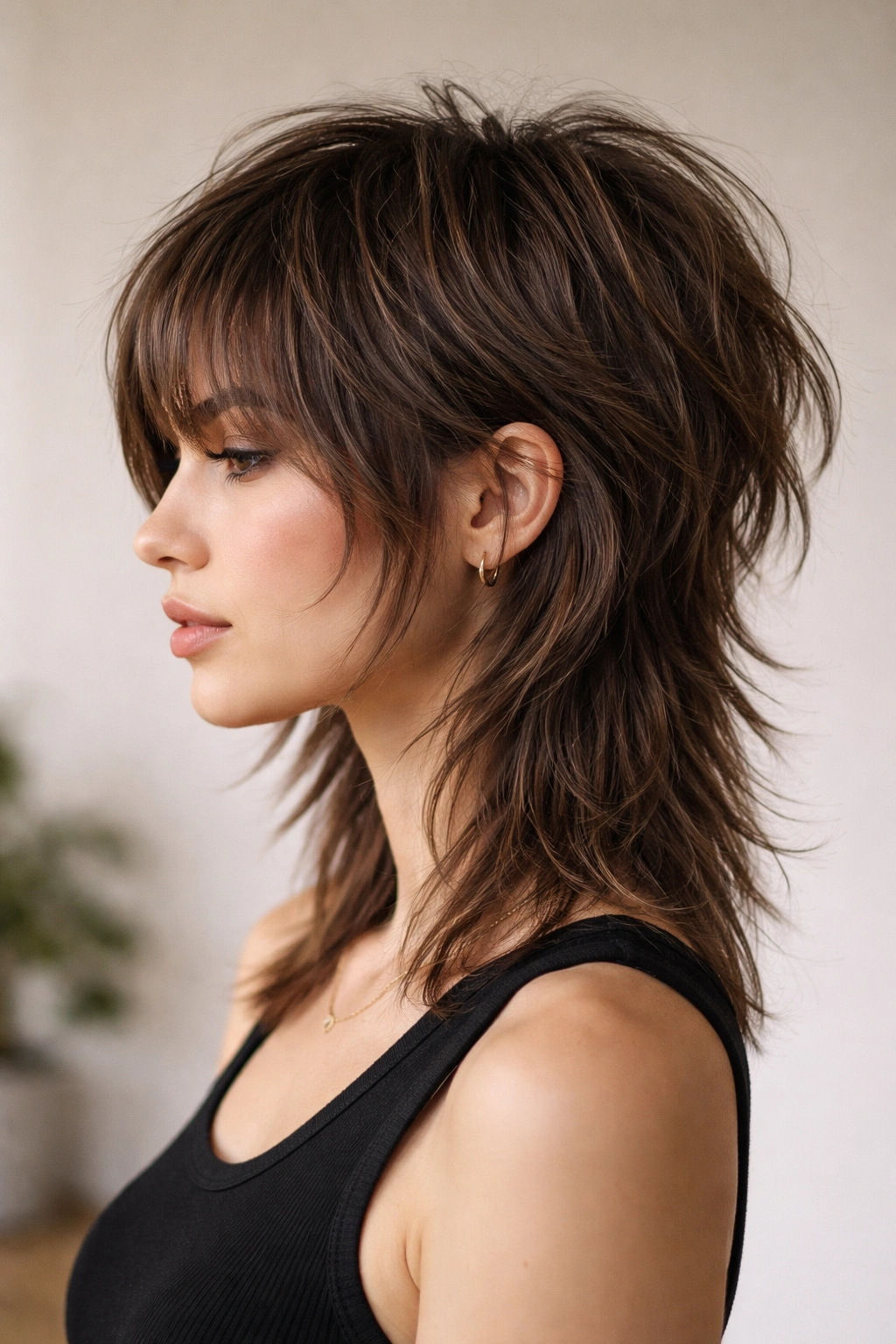 Profile shot of a person with a modern wolf cut, top layers for volume and shorter underneath