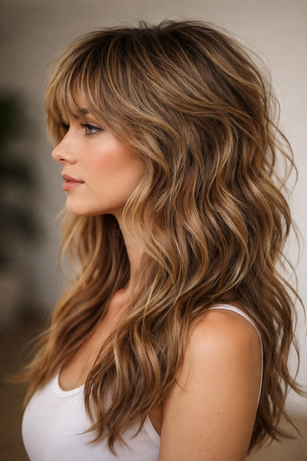 Wolf cut waves hairstyle with textured crown and longer underneath