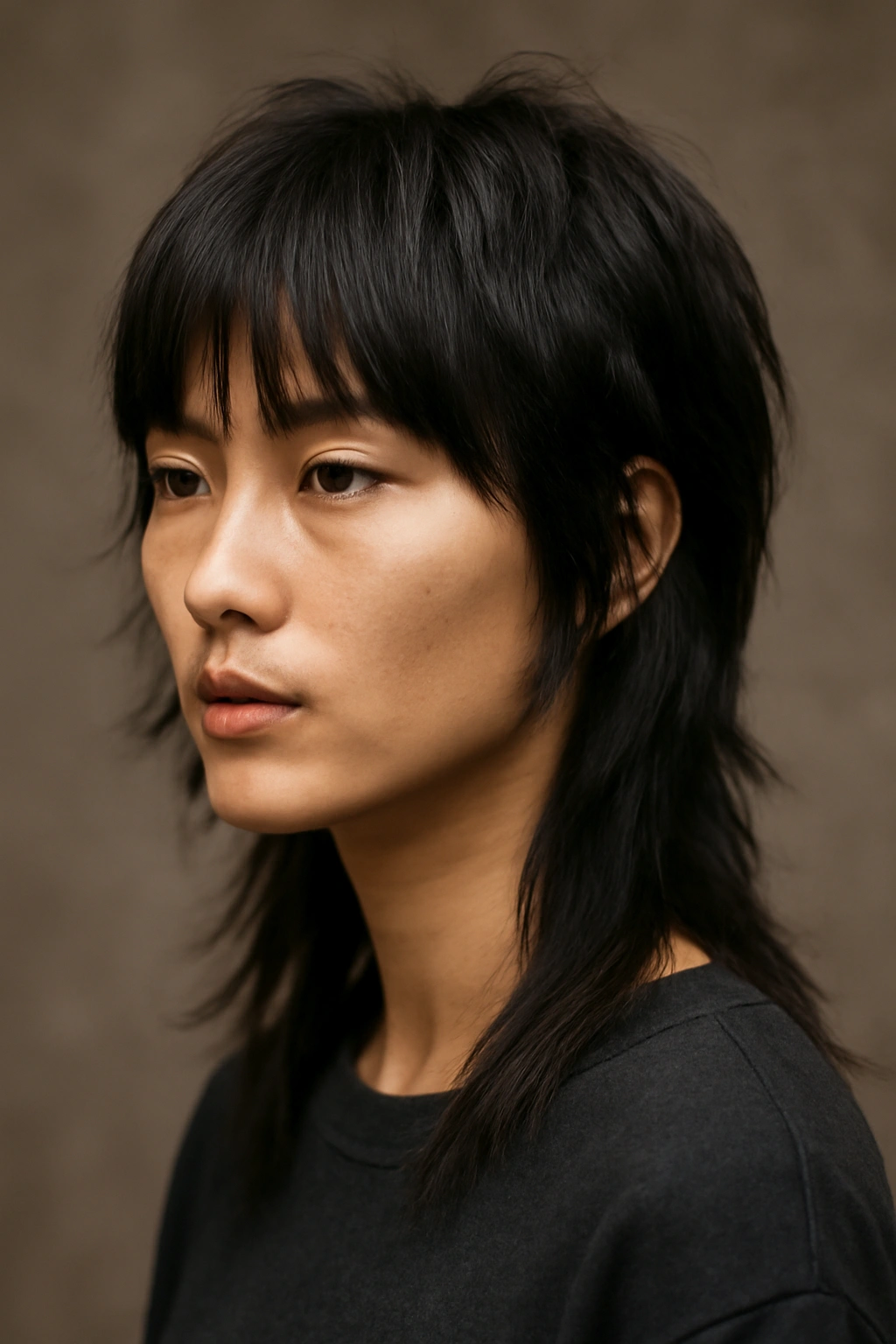 12 Asian Mullet Haircuts That Are Trending Right Now 9 Portrait of person with shaggy wolf-mullet and long bangs framing the face