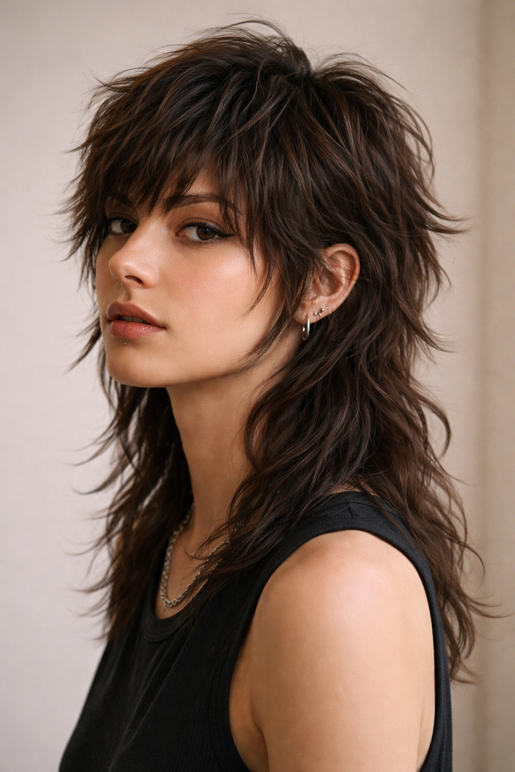 Close-up portrait of a person with a textured wolf cut mullet featuring choppy layers and a longer back