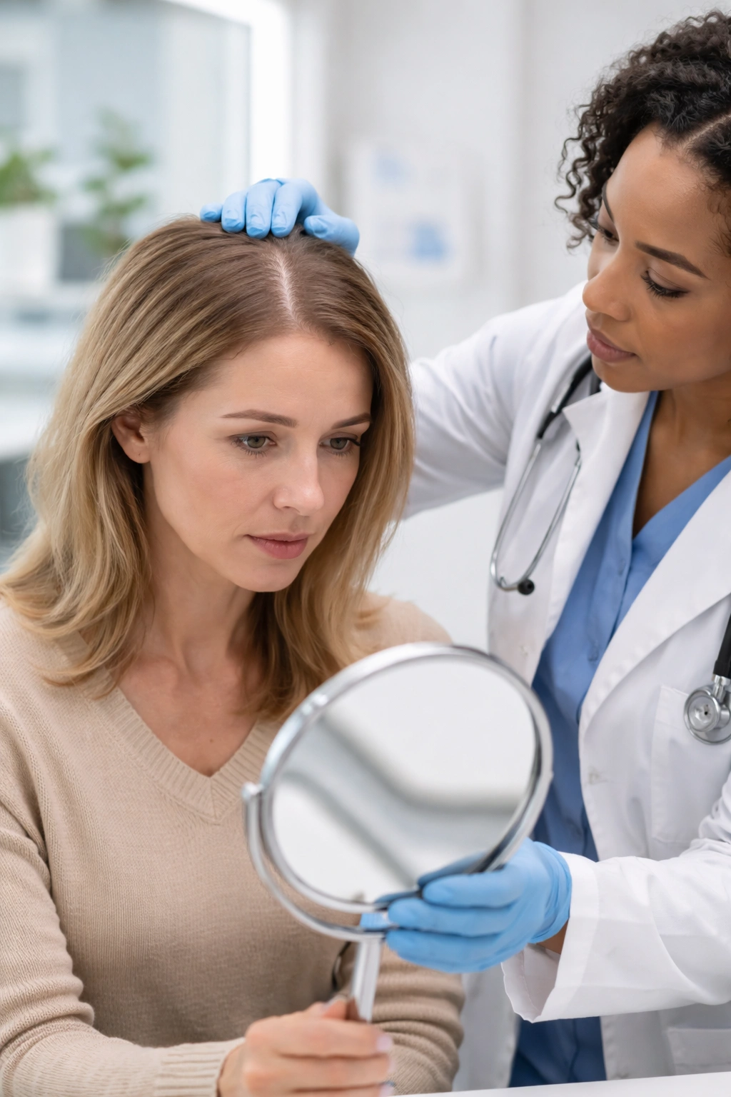 Woman with diffuse thinning in clinical consultation