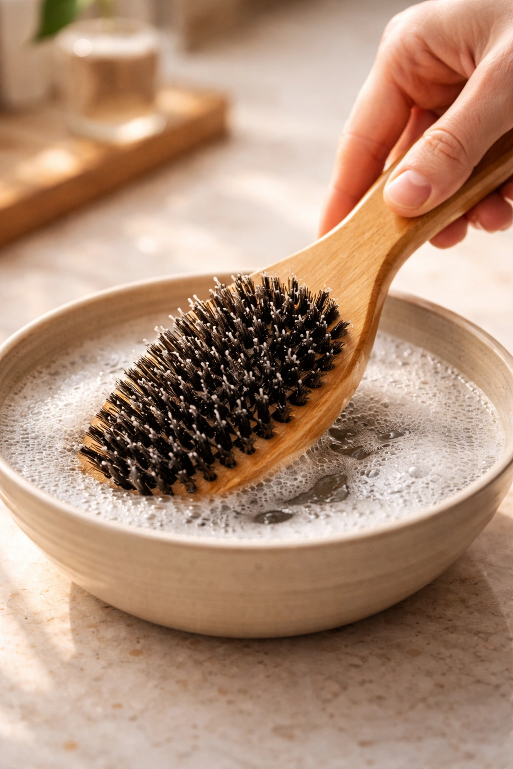 Wooden brush being dipped in soapy water to clean boar bristles while handle remains dry