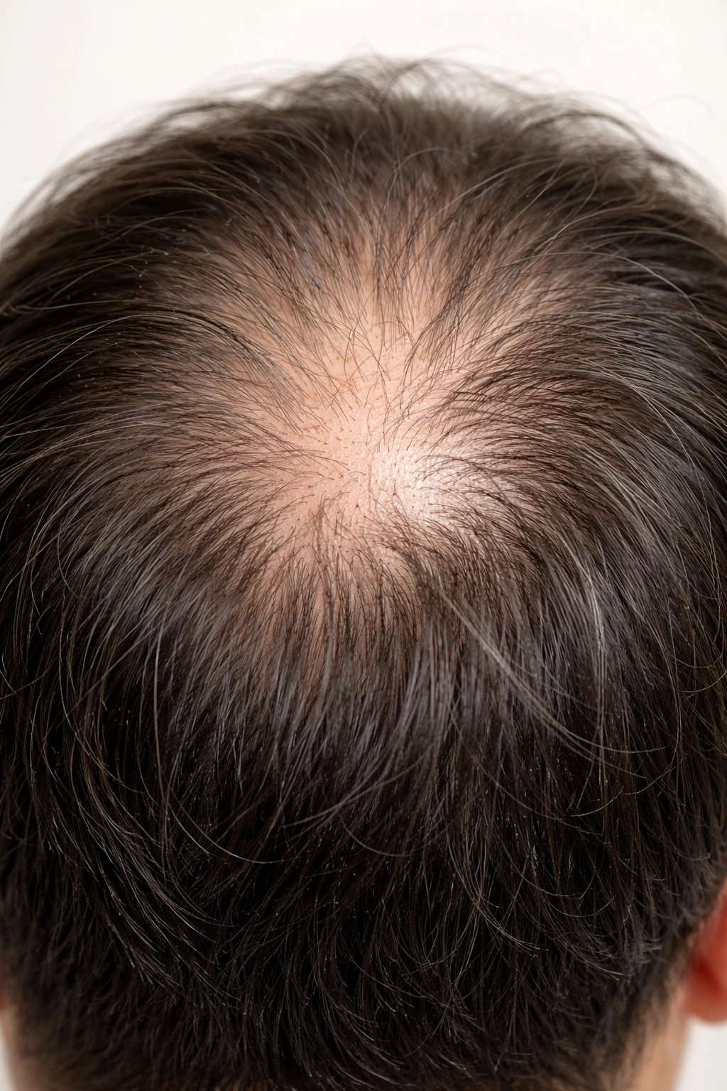 Scalp close-up showing thinning crown area with sparse hair