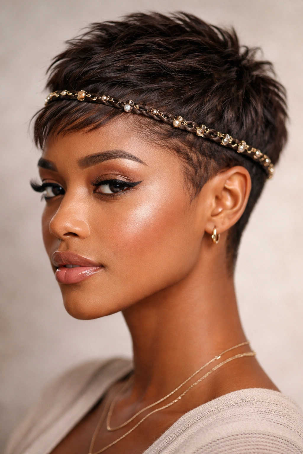 Thin wrap-around braid around the head with beads or rings embellishing the braid