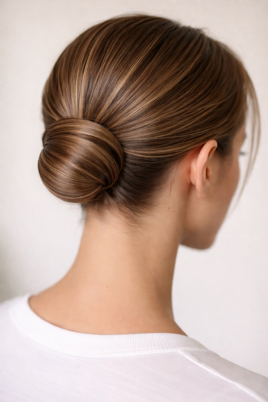 Back view of a low sculptural wrap-around bun formed by wrapped sections