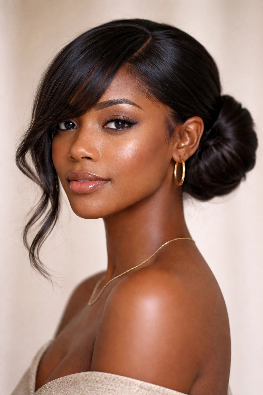 Close-up of wrap-around low bun with side-swept bangs on a Black woman, highlighting face-framing strands.