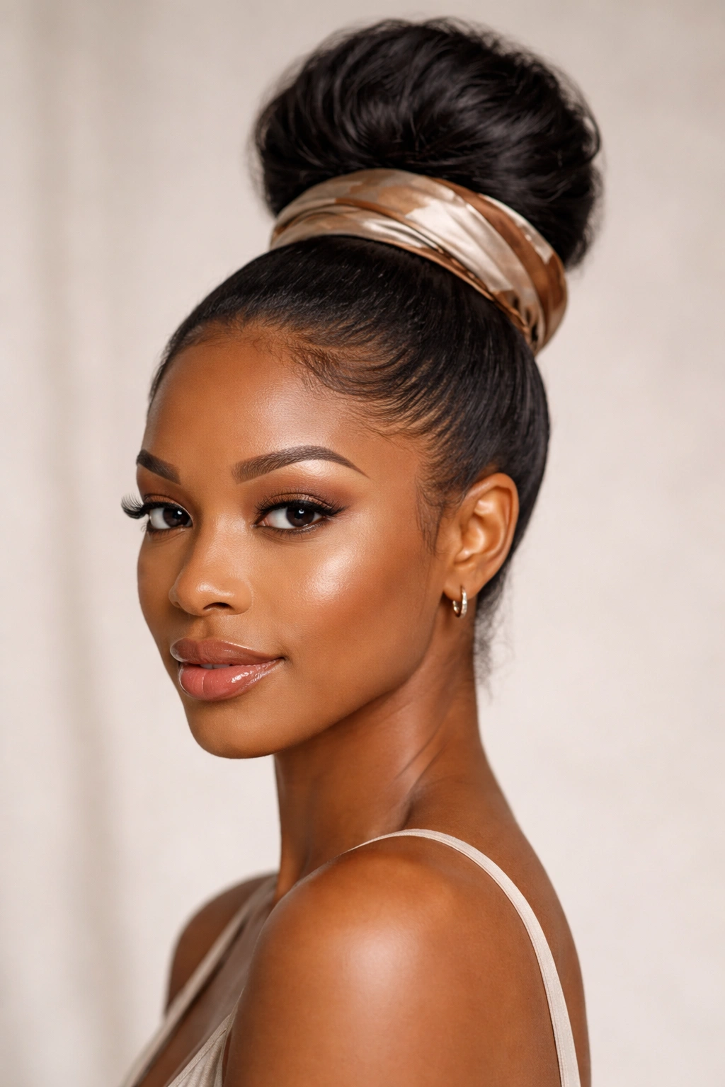 Wrap-around high bun created with satin scarf