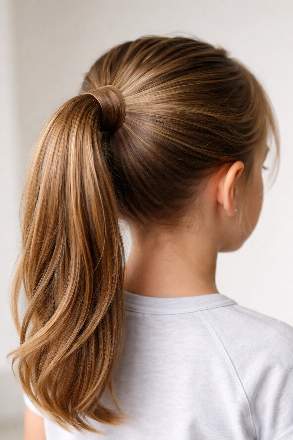 Wrap-around band ponytail with hair wrapped around base concealing elastic.