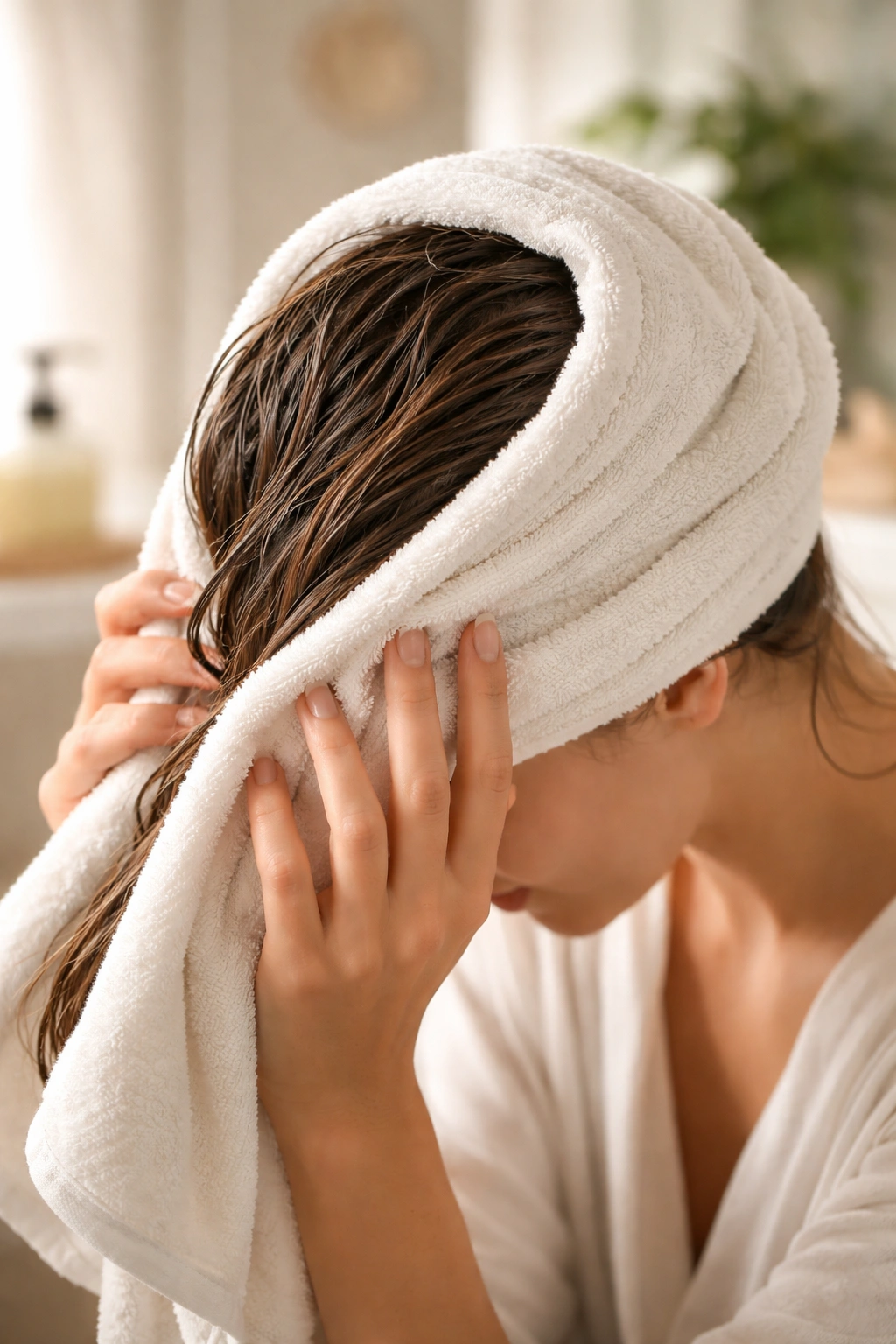 Close-up of hands wrapping a towel around wet hair, symbolizing the wrap-up of a healthy hair care routine