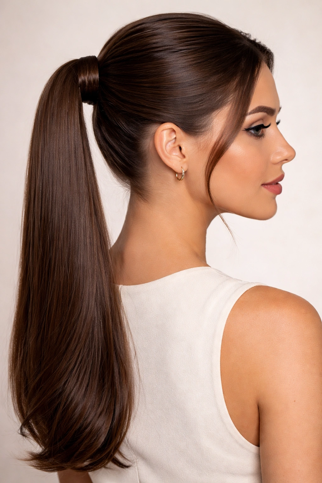 Sleek ponytail with a wrap around the base hiding the elastic