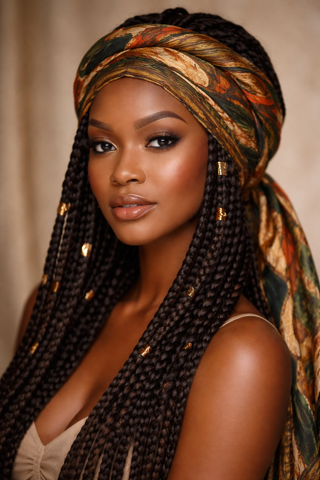 Portrait of a Black woman with a wrap-around scarf integrated with braids.