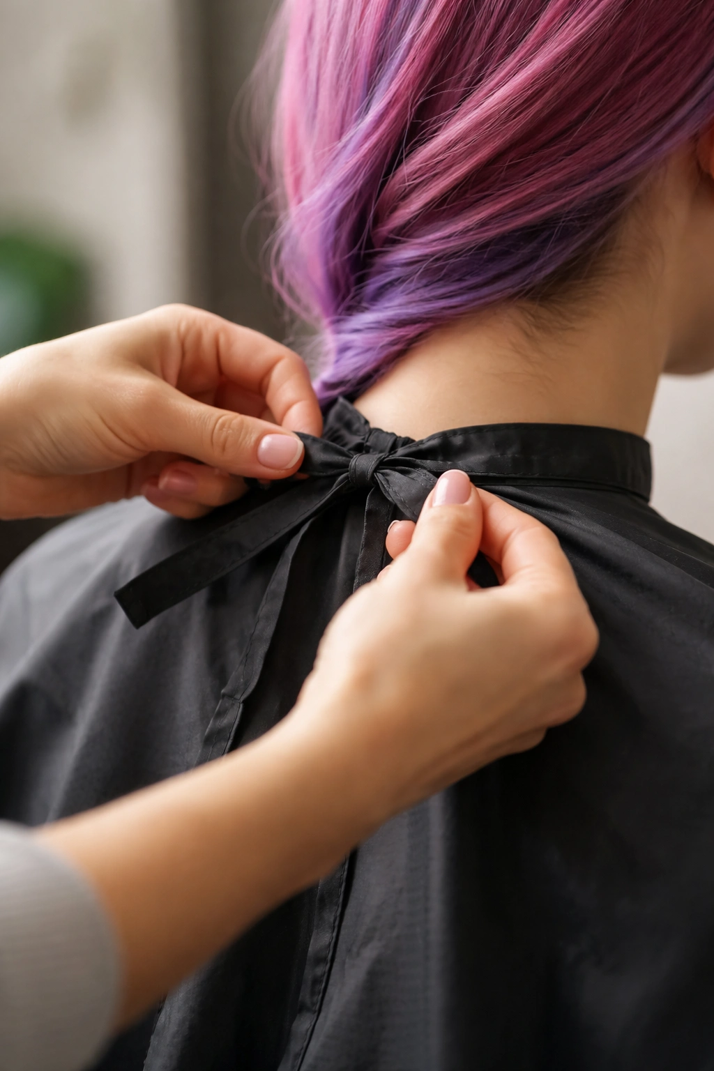 Close-up of hands tying a cape around a client's neck after a dye session