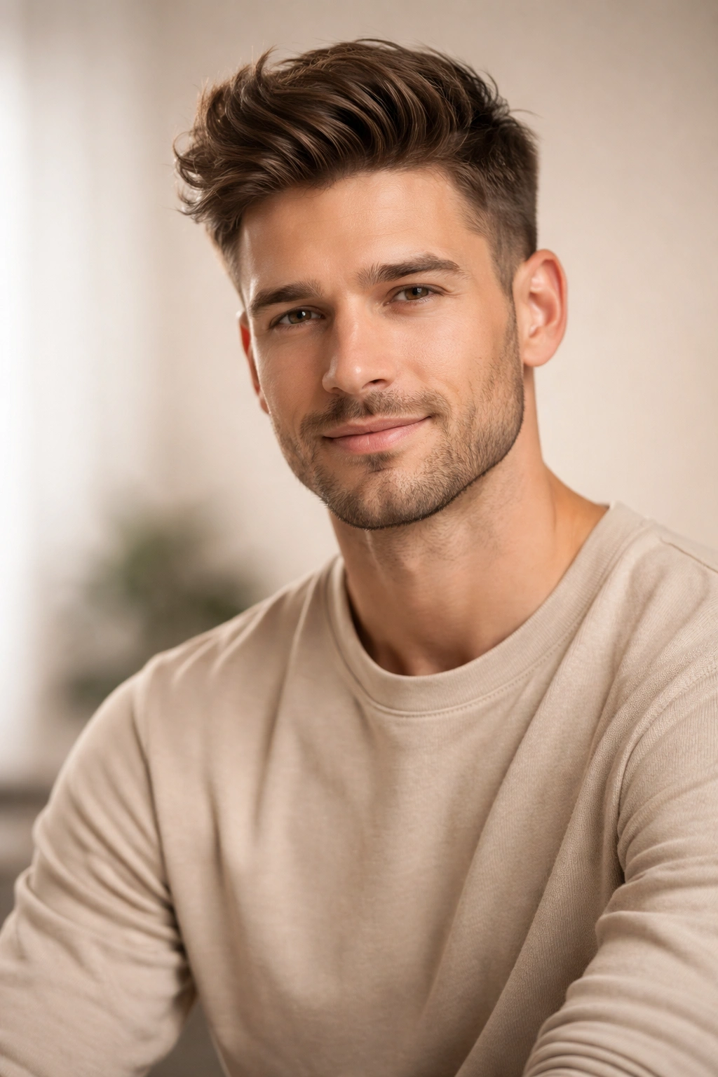 Confident man portrait after haircut, conveying wrapping up and satisfaction